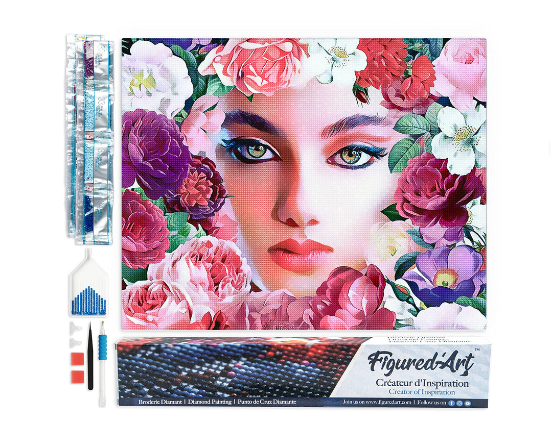 Figured'Art Diamond Painting Erwachsene 40x50cm Ganze Leinwand gerollt Gesicht und Blumen 5D Bilder