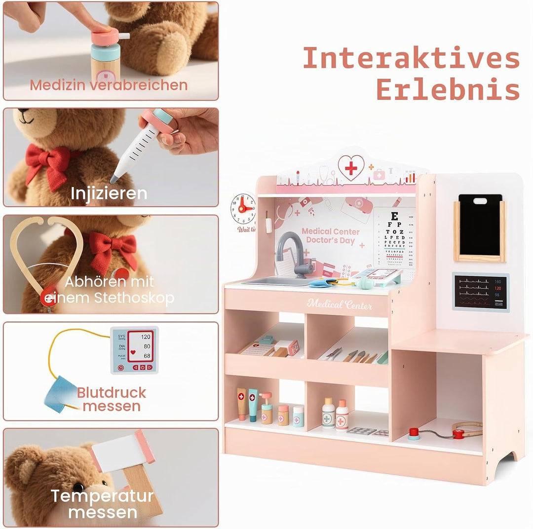 HOMASIS Arzt-Set aus Holz, Arzt-Set für Kinder mit Waschbecken, Sichtprüfung, Elektrokardiogramm, Uh
