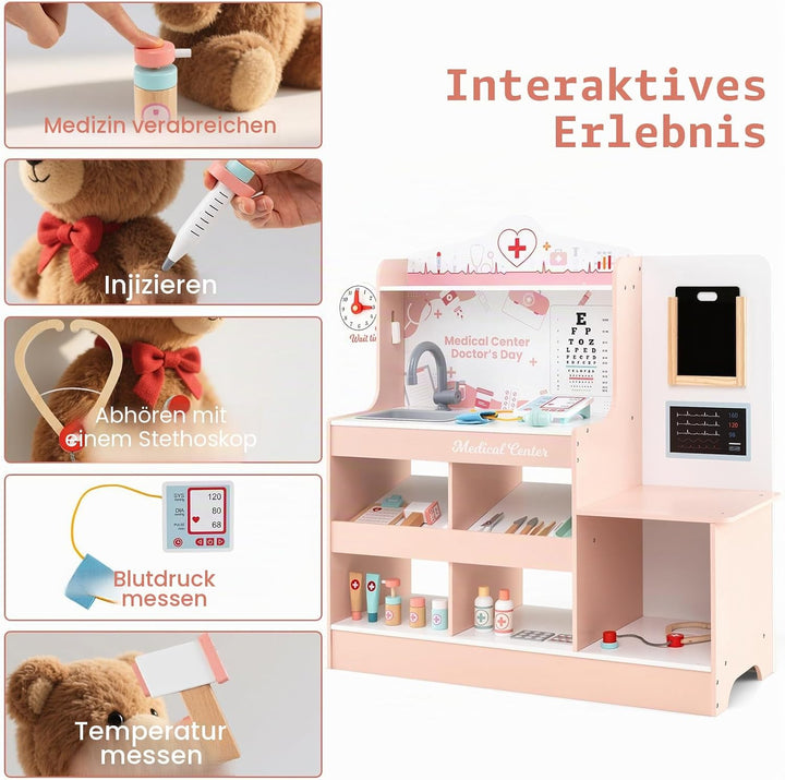 HOMASIS Arzt-Set aus Holz, Arzt-Set für Kinder mit Waschbecken, Sichtprüfung, Elektrokardiogramm, Uh