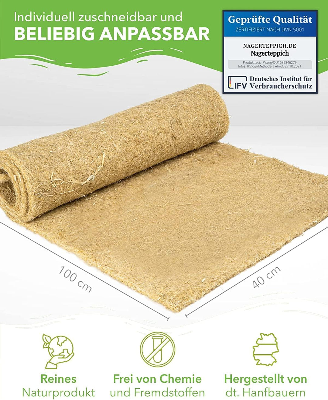 Nagerteppich aus 100% Hanf, 100 x 40cm, 5mm dick, Hanfteppich für alle Kleintiere, Hanfmatte Nagerma
