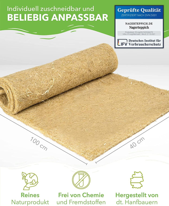 Nagerteppich aus 100% Hanf, 100 x 40cm, 5mm dick, Hanfteppich für alle Kleintiere, Hanfmatte Nagerma