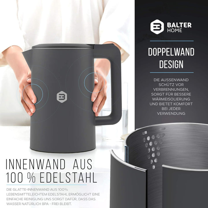 Balter Wasserkocher Edelstahl WK-4, 1,7 Liter, elektrischer Wasserkocher, Doppelwand Design, BPA fre