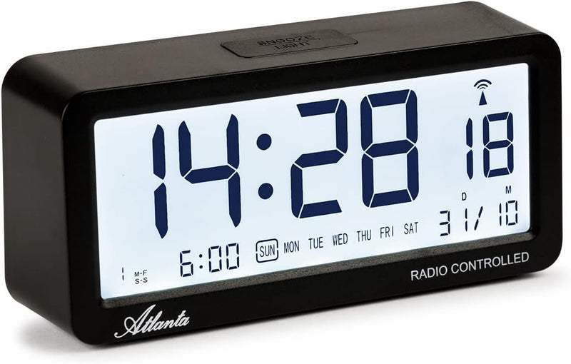 Atlanta Funkwecker Digital-Wecker LCD Snooze Licht Lautlos Ohne Ticken 3 Weckzeiten Alarme Schwarz -