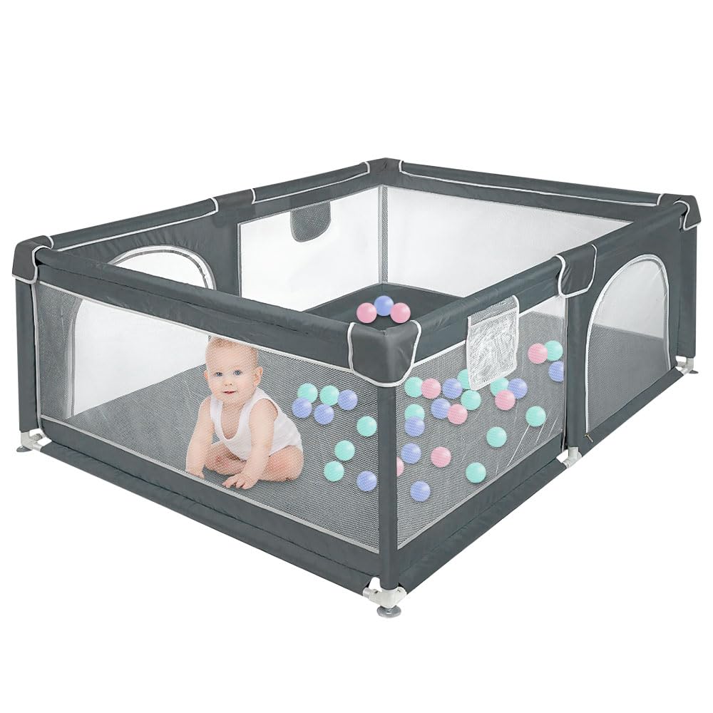 Laufstall Baby 120x160 cm – Baby Laufgitter aus Oxford Stoff mit Netz, rutschfest, mit Aufbewahrungs