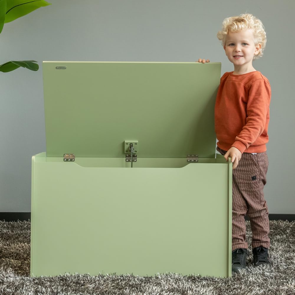 Bandits & Angels Holzspielzeugkiste Aufbewahrungsbox XL Retro Grün – Sicherer Verschluss mit Gasfede