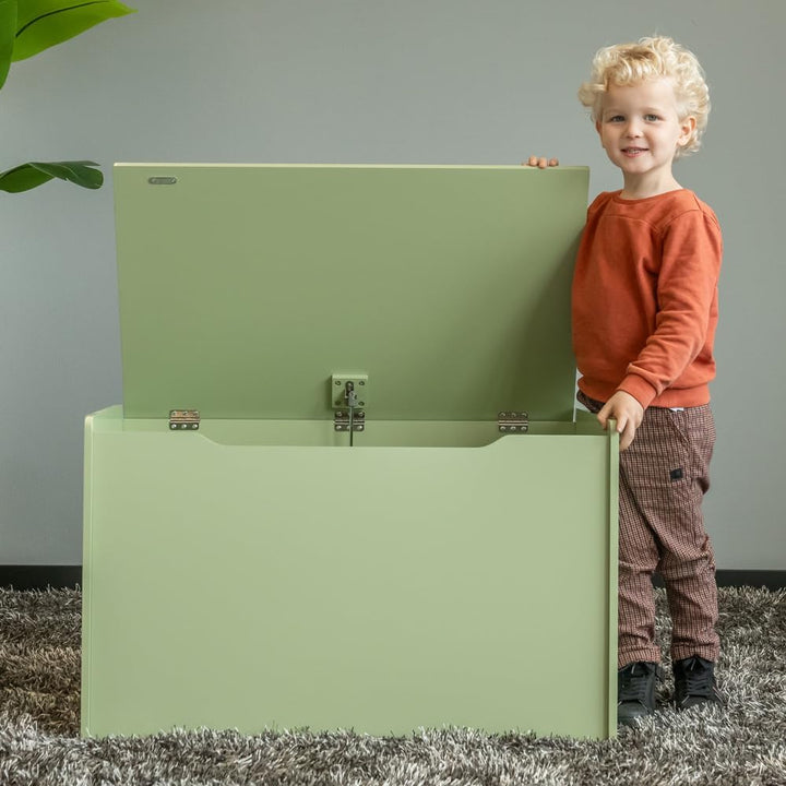 Bandits & Angels Holzspielzeugkiste Aufbewahrungsbox XL Retro Grün – Sicherer Verschluss mit Gasfede