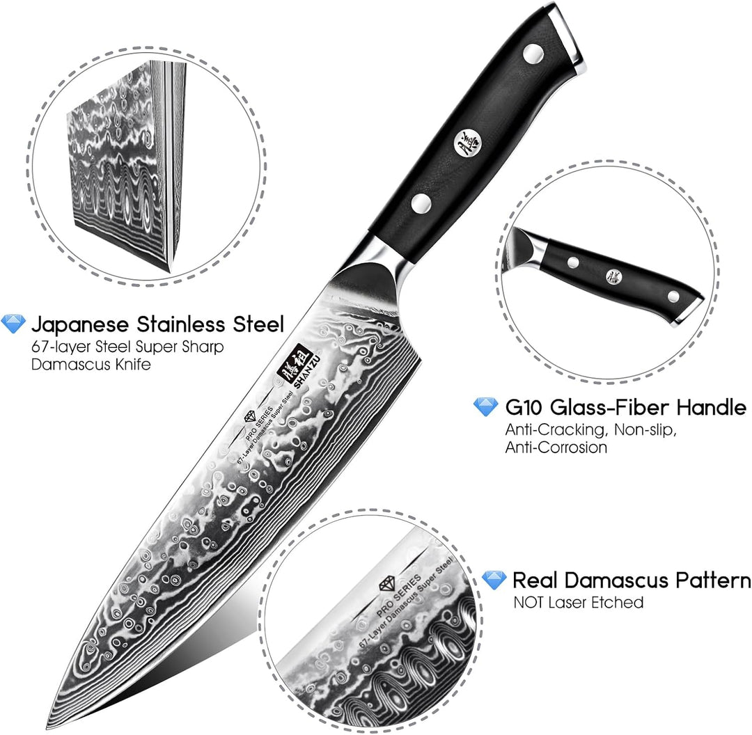 SHAN ZU Damastmesser Kochmesser 67 Schichten Damaststahl Küchenmesser mit G10 Griff 20CM - PRO Serie