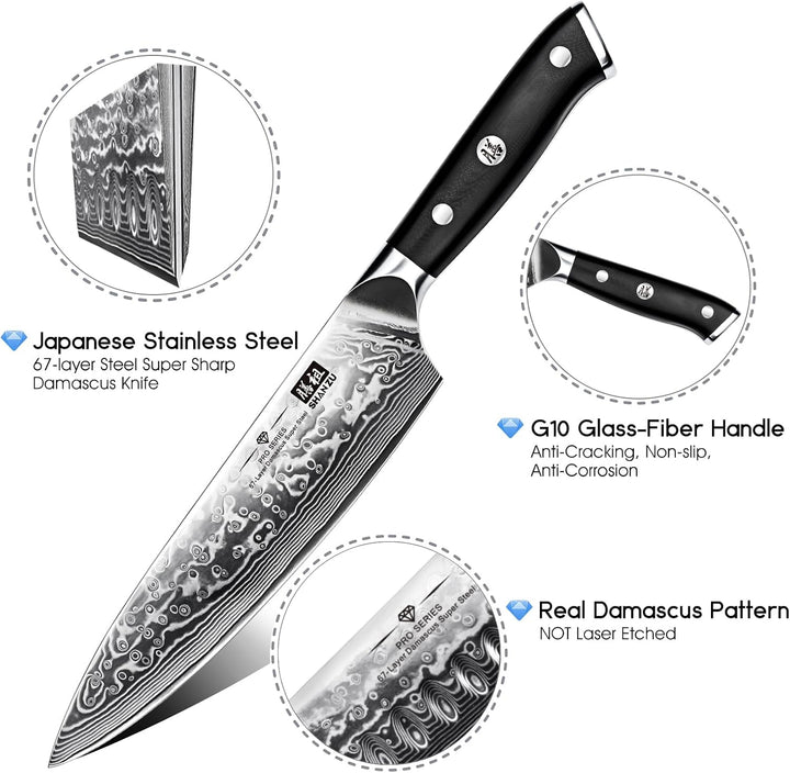 SHAN ZU Damastmesser Kochmesser 67 Schichten Damaststahl Küchenmesser mit G10 Griff 20CM - PRO Serie