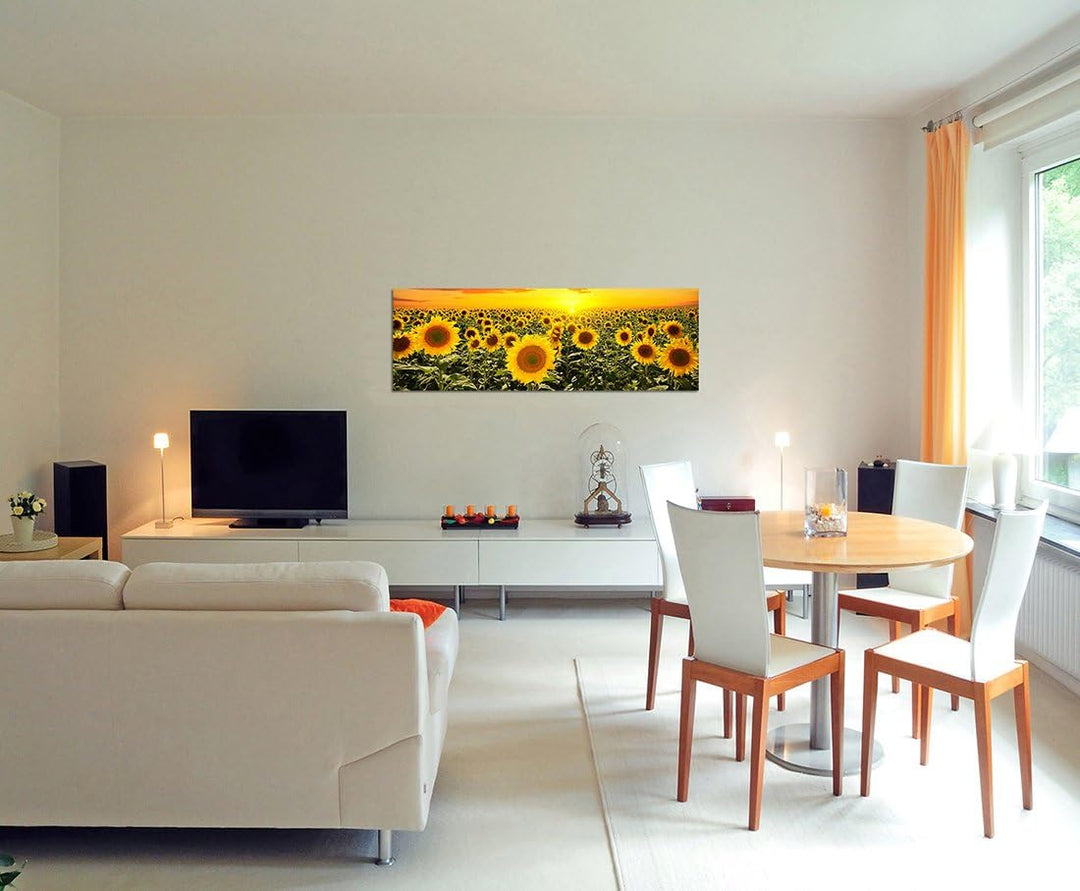 Paul Sinus Art Panoramabild auf Leinwand und Keilrahmen 120x40cm Sonnenblumenfeld Himmel Sonnenunter