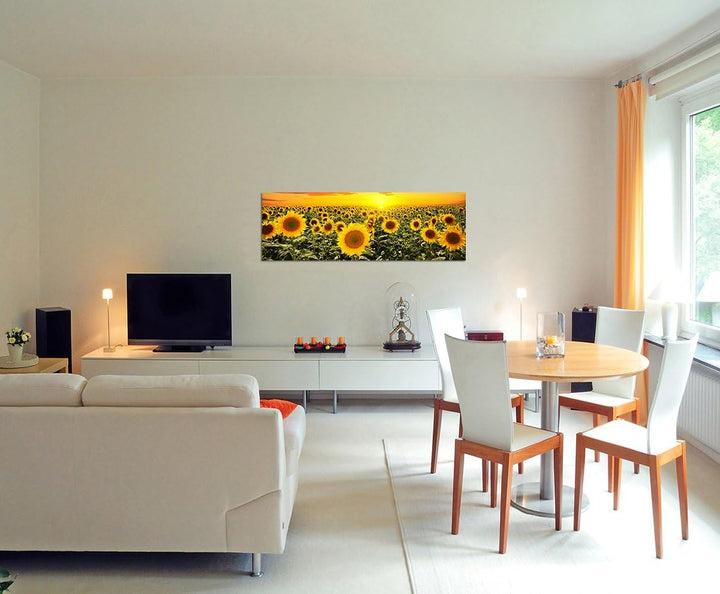 Paul Sinus Art Panoramabild auf Leinwand und Keilrahmen 120x40cm Sonnenblumenfeld Himmel Sonnenunter