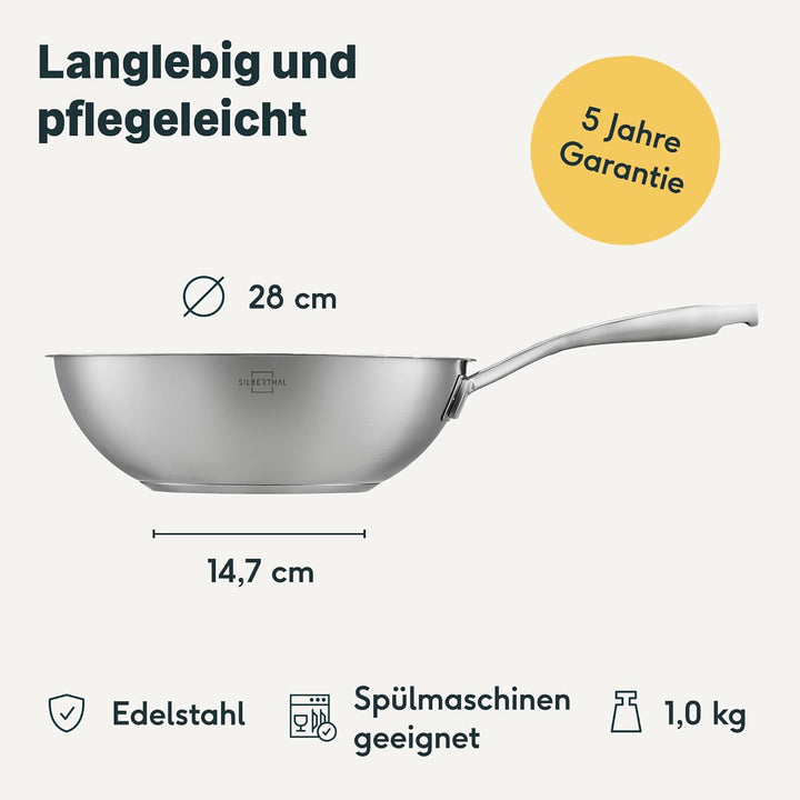 SILBERTHAL Wokpfanne Unbeschichtet Induktion 28 cm - Edelstahl Wok zum Frittieren und Braten- Für al
