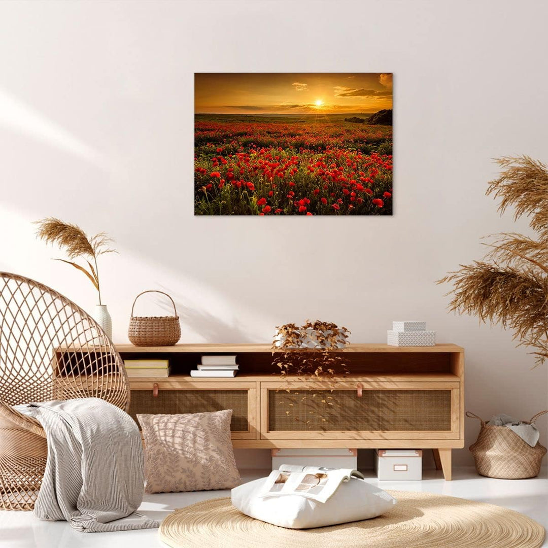 Bilder auf Leinwand Mohn Blume Wiese Leinwandbild mit Rahmen 70x50cm Wandbilder Dekoration Wohnzimme