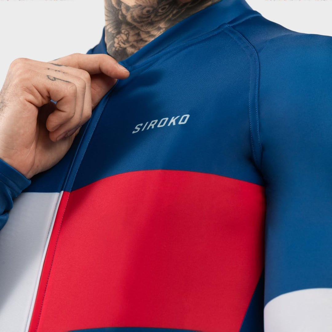 SIROKO M2 Radtrikot Herren Langarm Slim Fit Aerodynamische Fahrradbekleidung M Blau/Rot, M Blau/Rot