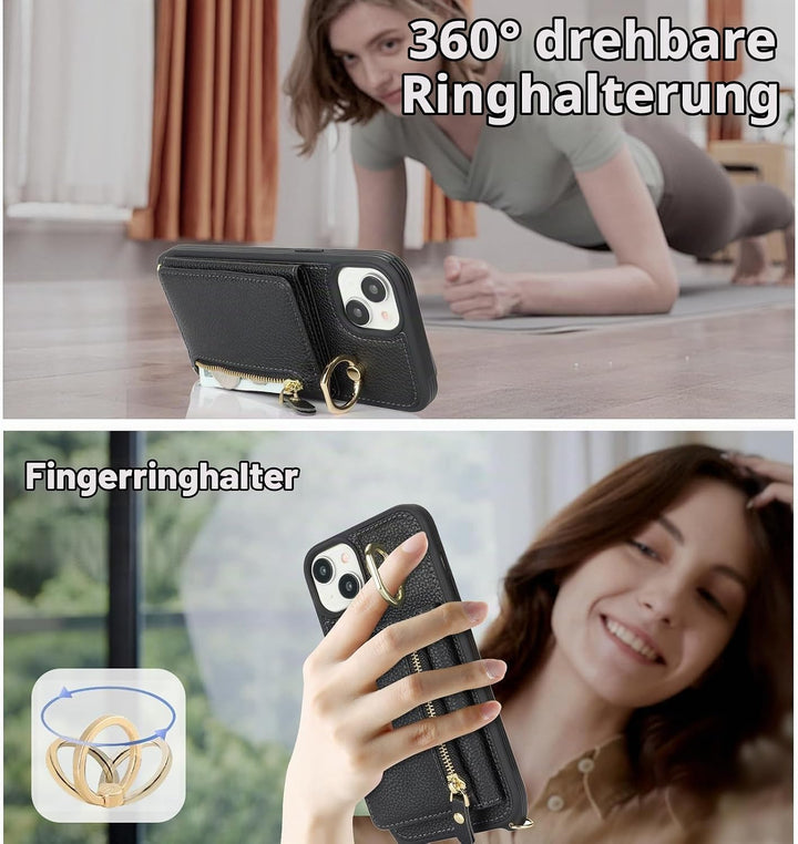 ELTEKER Handyhülle für iPhone 13 Mini Hülle mit Band Kartenfach Ringhalterung Geldbörse,Leder Klapph