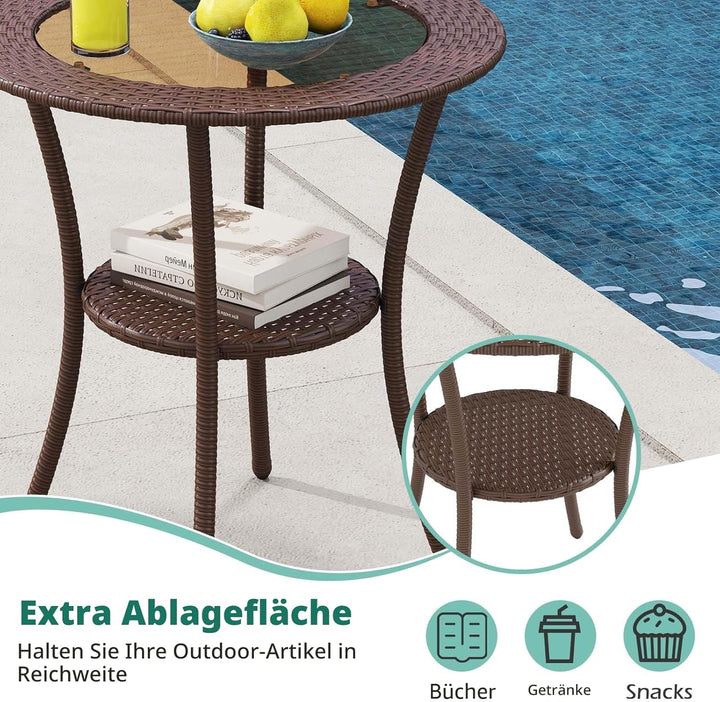 GIANTEX Rattan Bistrotisch Gartentisch, Balkontisch rund Couchtisch 2 Ebenen, Glastisch Terrassentis