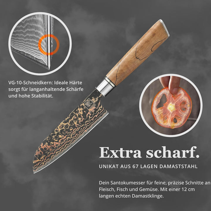 zayiko BlackMagma Damastmesser Santoku I 12 cm Klinge aus Damaststahl mit Kupfer &amp; Bronze sowie Ahor