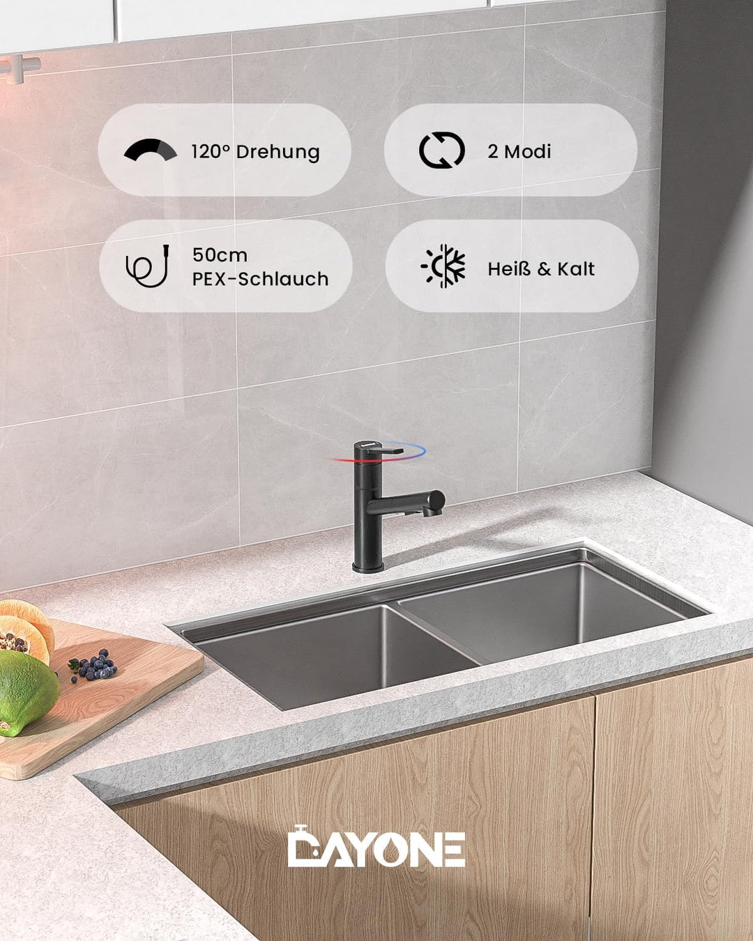 DAYONE Wasserhahn Küche Schwarz, Hochdruck Küchenarmatur Ausziehbar, Spültischarmatur mit 2 Sprühfun