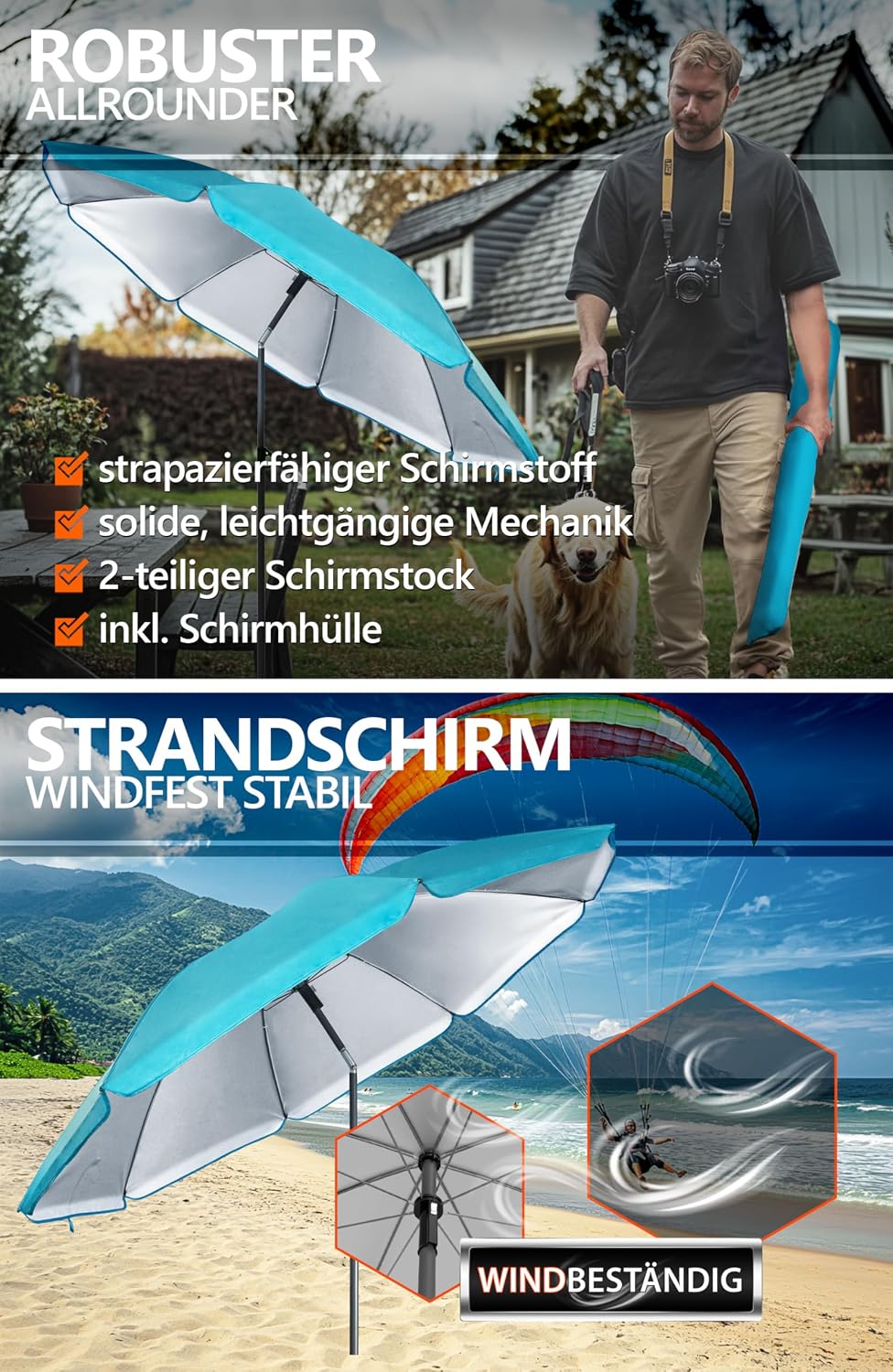 4smile Sonnenschirm Strand SET, Ø 200 cm, Türkis | UPF 50+ Sonnenschirm Balkon, inkl. Hülle, Gartens