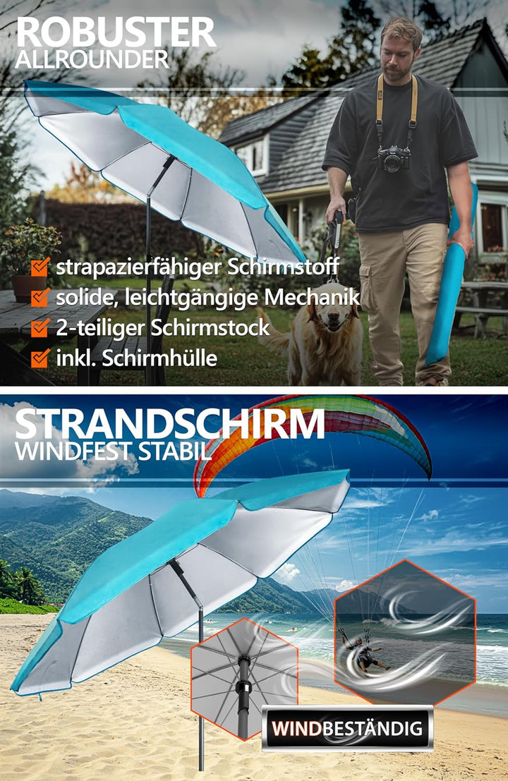 4smile Sonnenschirm Strand SET, Ø 200 cm, Türkis | UPF 50+ Sonnenschirm Balkon, inkl. Hülle, Gartens