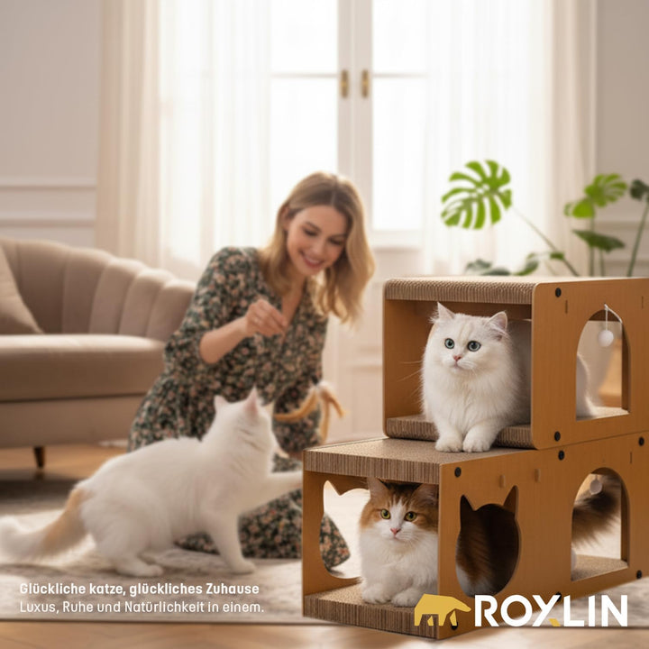 Katzen TV-Möbel, Holzdesign in Gelb, Kratzfläche mit Katzenhöhlen, Modernes Katzenspielzeug für Wohn