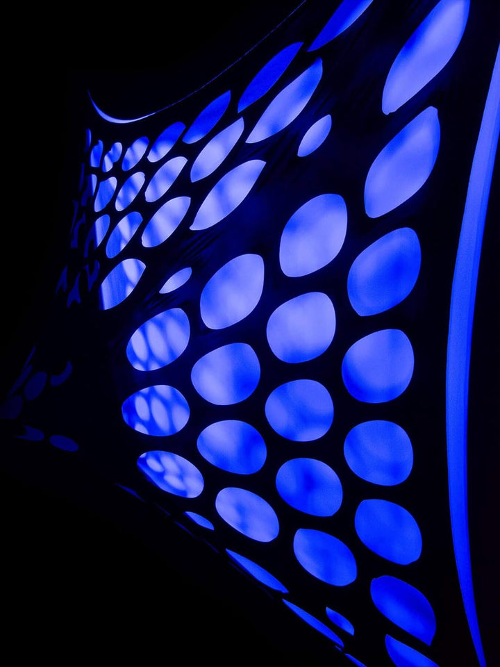 PSYWORK Schwarzlicht Segel Spandex | 3D Neon Space Dots Black | Weiss | 3 x 3m | UV-aktiv | leuchten