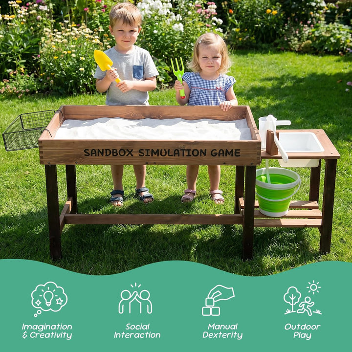 WOODENFUN Matschküche für Kinder Outdoor Sandkasten mit Dekoration Holz Zubehör, Spülen, Eimer, Sand