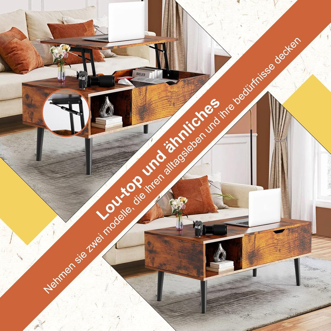 NEWBULIG Couchtisch mit Hebeplatte, mit verstecktem Fach, Kleiner Esstisch für Zuhause, Wohnzimmer,