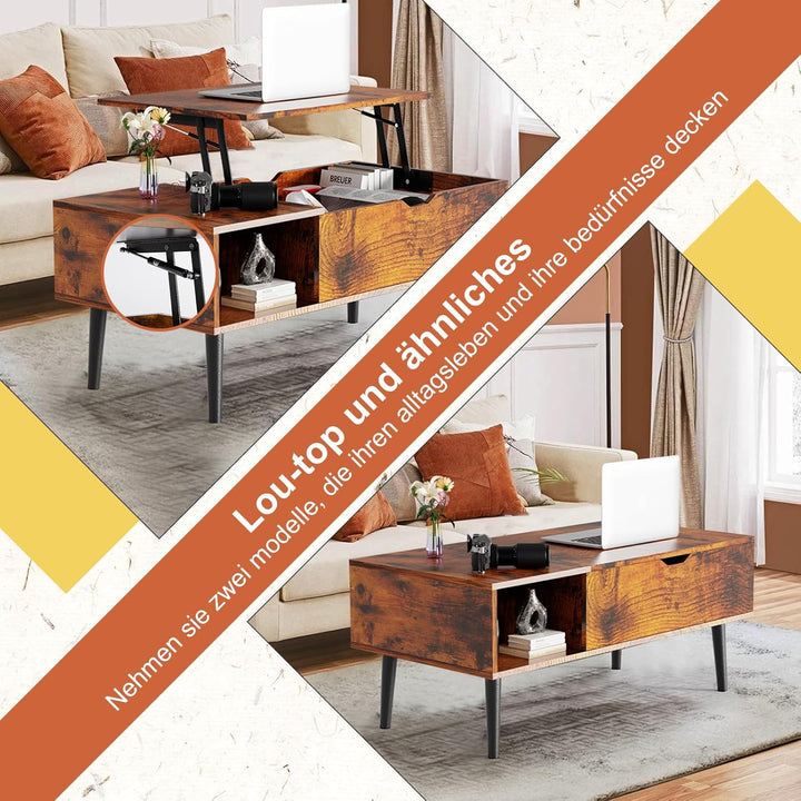 NEWBULIG Couchtisch mit Hebeplatte, mit verstecktem Fach, Kleiner Esstisch für Zuhause, Wohnzimmer,