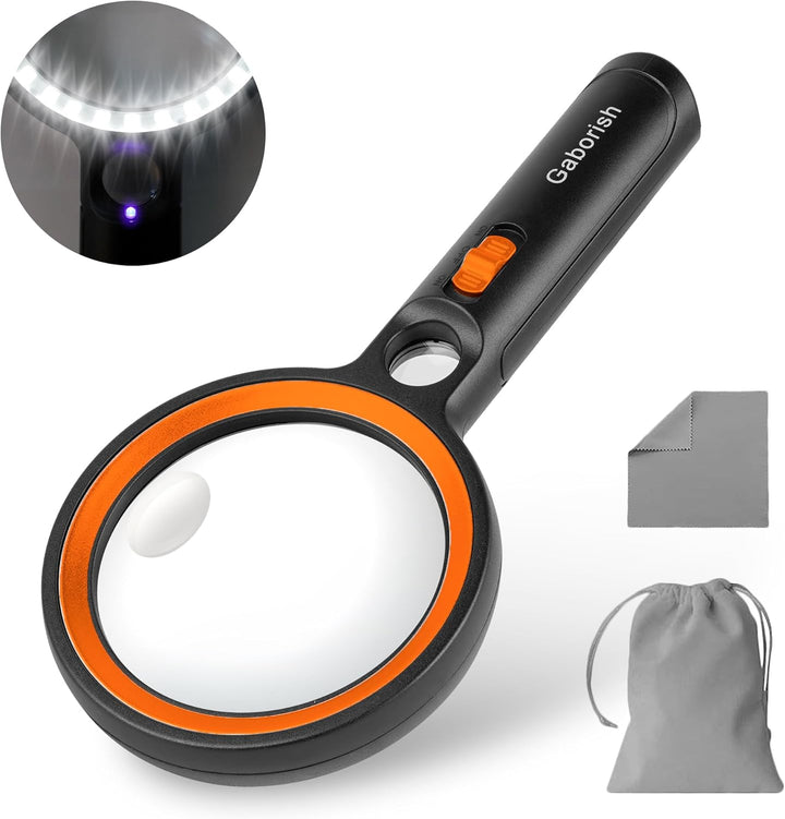 GABORISH Lupe mit Licht, 10X 20X 45X Handlupe mit Licht, Magnifying Glass mit 30 LED und 1 UV, Vergr