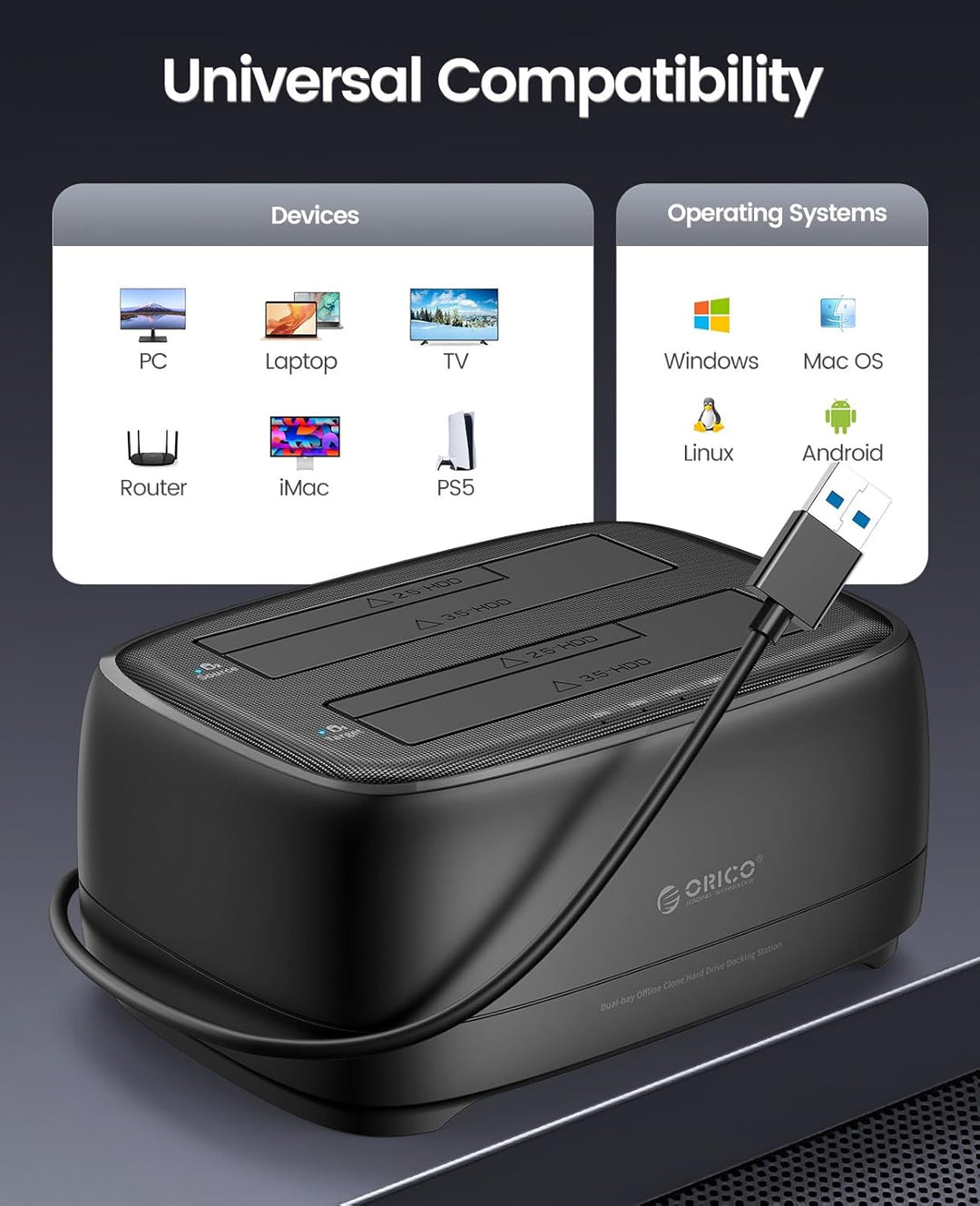 ORICO Offline-Klonen 3,5 Zoll Festplatten Dockingstation,Dualschacht USB 3.0 HDD Docking Station für
