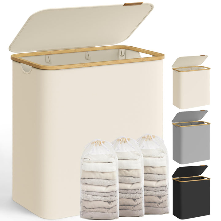 SONGMICS Wäschekorb mit Deckel, Wäschesammler mit 3 Fächern, 150 L, herausnehmbarer Wäschesack, Oxfo