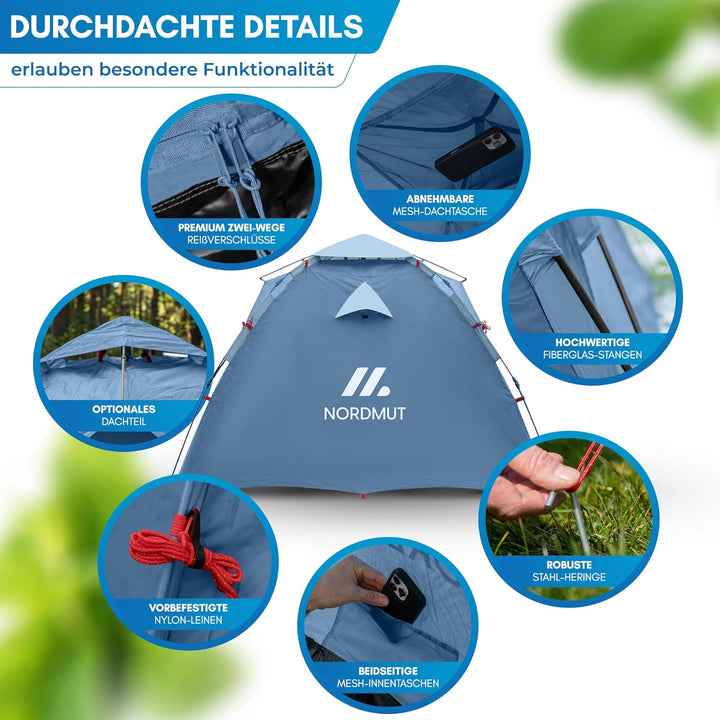 NORDMUT® Wurfzelt 2-4 Personen für blitzschnellen Aufbau – Pop Up Zelt 2-4 Personen wasserdicht &amp; UV