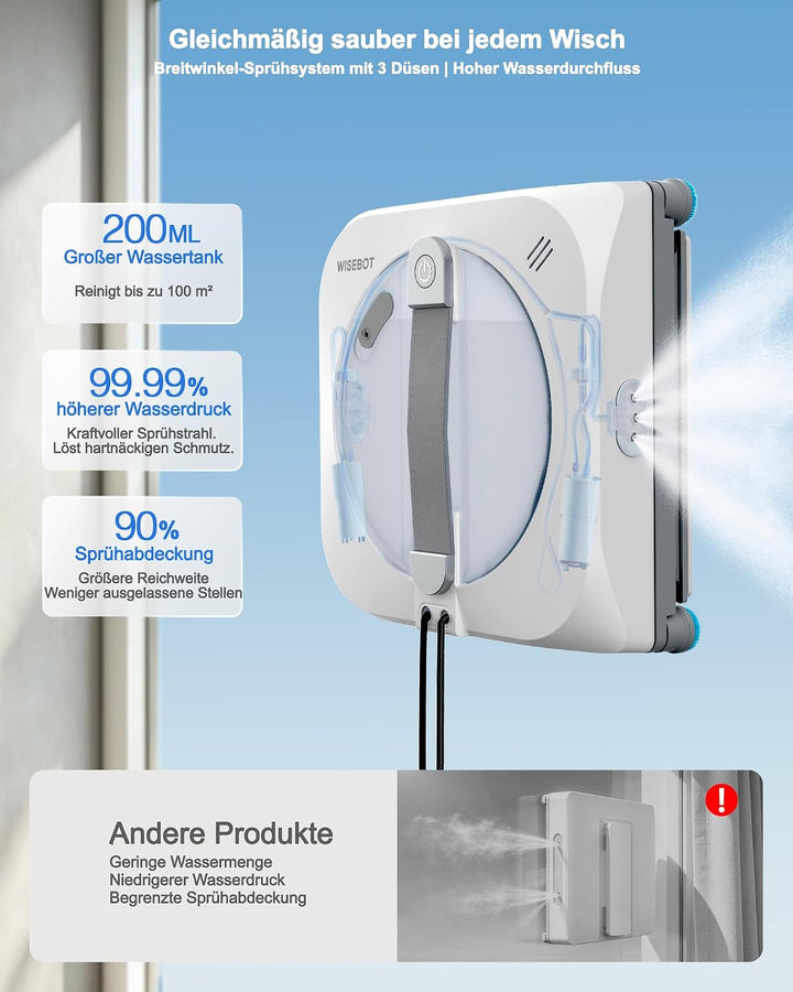 WISEBOT Fensterputzroboter KI-Navigation, 3-Fach Spray, Eckenreinigung(Weiss), Weiss