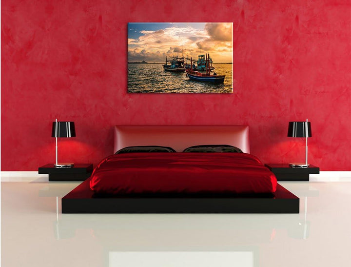 Pixxprint thailändische Fischerboote im Meer als Leinwandbild/Grösse: 100x70 cm/Wandbild/Kunstdruck/