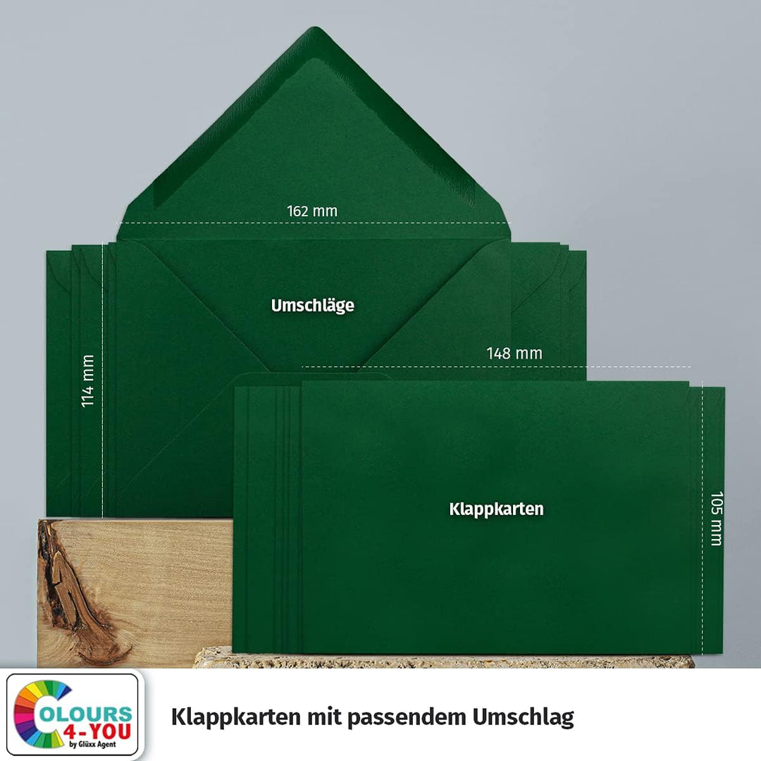 100 Klappkarten mit Umschlägen Set Dunkelgrün - DIN A6 Blanko Doppelkarten 14,8 x 21 cm (160 g/m²) -
