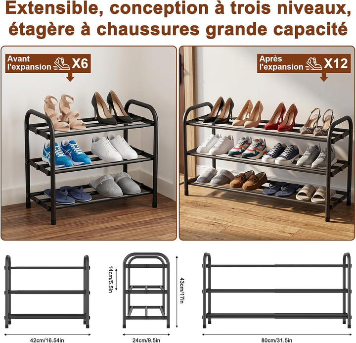 Expandable Schuhregal – 3 Ebenen Metall-Schuhregal mit Ausziehbarer Breite (42-80 cm) in Schwarz, id
