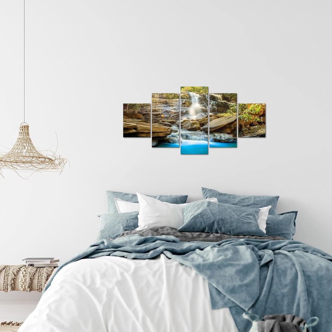 Runa Art Wandbilder Wasserfall 5 Teilig Bild auf Vlies Leinwand Deko Wohnzimmer Schlafzimmer Berge N