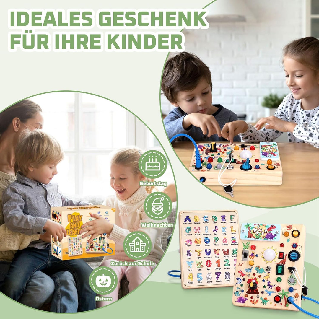 Dinosaurier Busy Board Montessori Spielzeug ab 1 jahr Activity Board Holzspielzeug Mit 10 Schaltern
