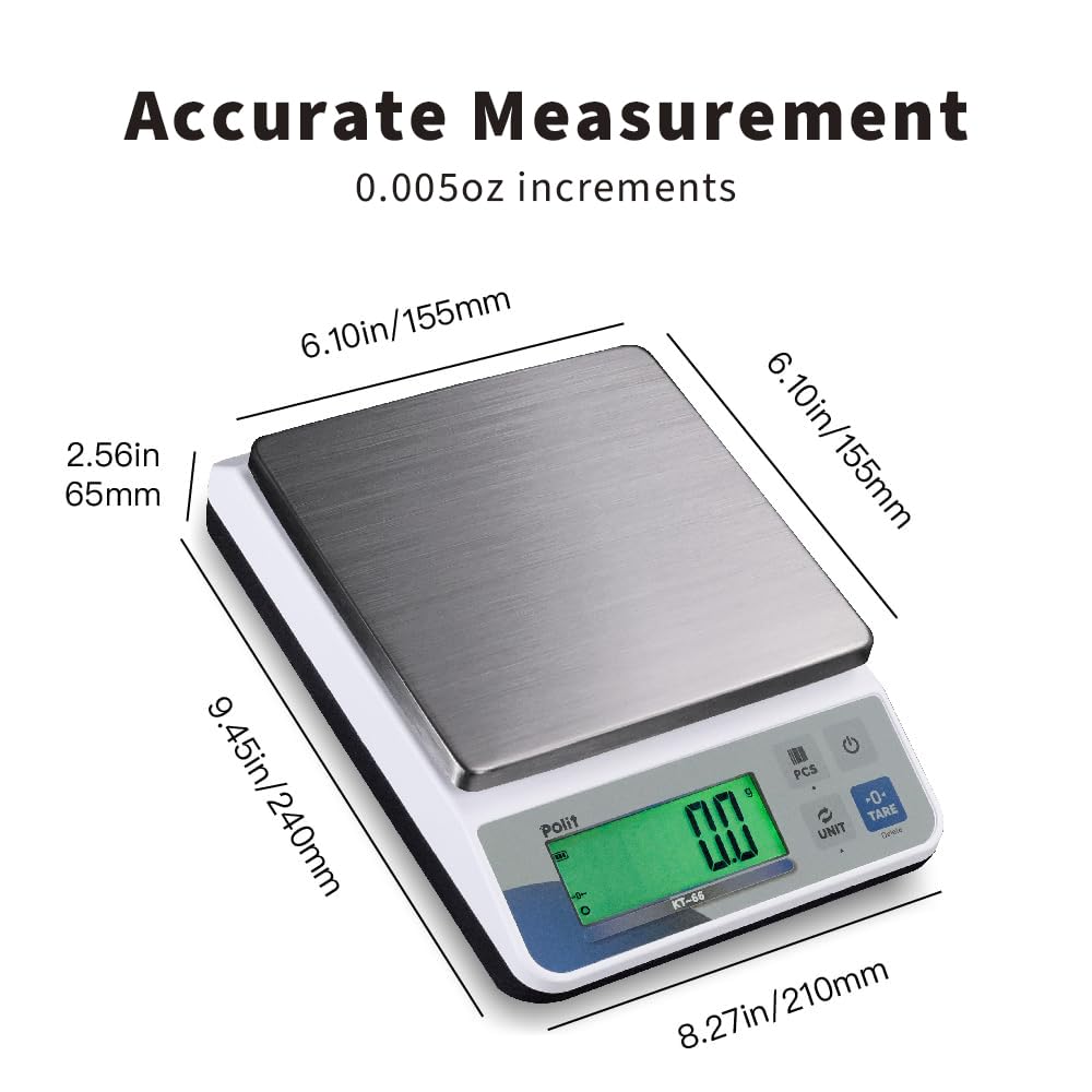 Polit Digitale Küchenwaage KT-66 3kg/6,6lb｜0,005oz/0,1g Präzision｜LCD-Display｜Batterie- oder Netzbet
