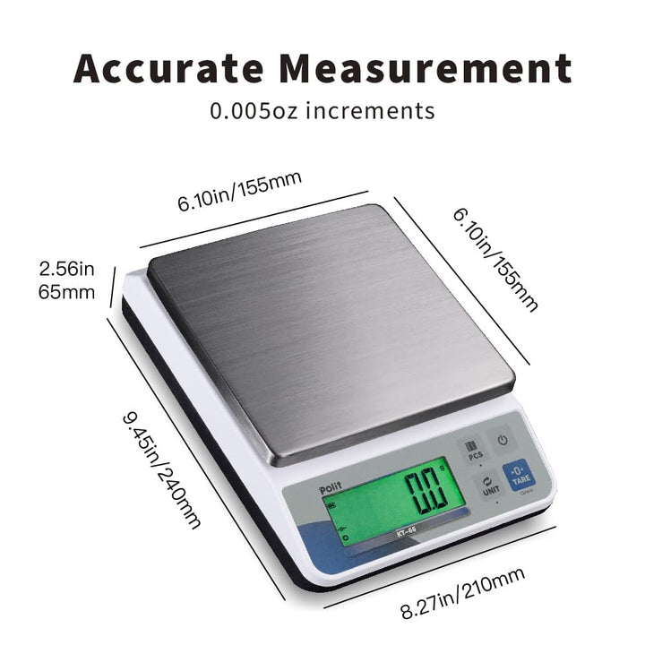 Polit Digitale Küchenwaage KT-66 3kg/6,6lb｜0,005oz/0,1g Präzision｜LCD-Display｜Batterie- oder Netzbet
