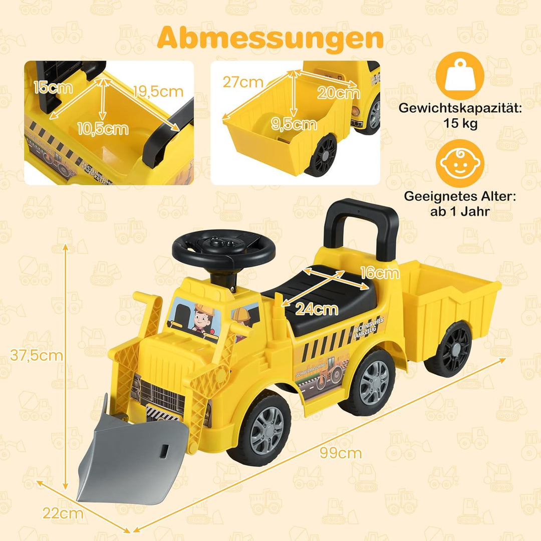 COSTWAY Sitzbagger mit Schaufel & abnehmbarem Anhänger, Kinderbagger mit Stauraum unter dem Sitz, Hu