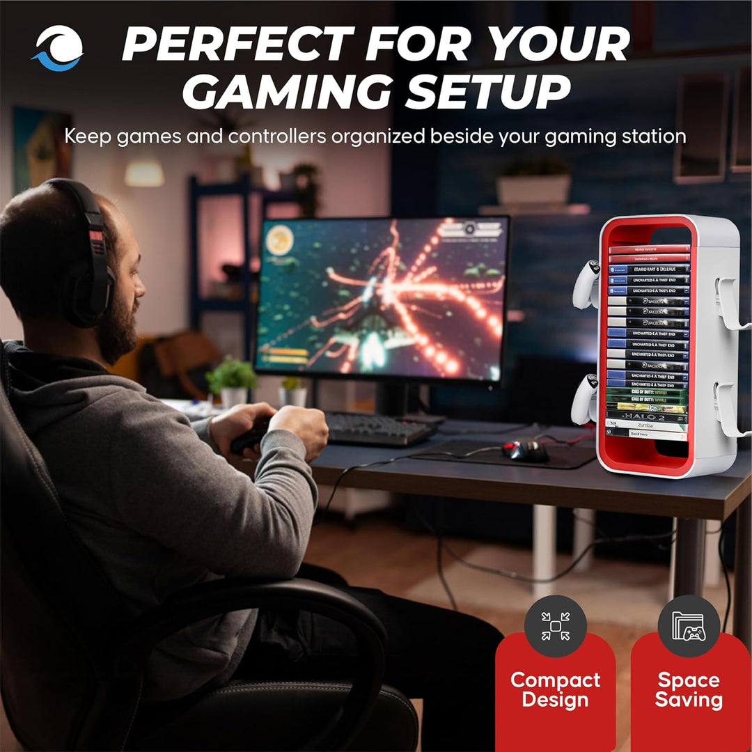 Universal Games Storage Tower Pro - Bis zu 18 Spiele - Mit Controller Halterung für bis zu 4 Gamepad