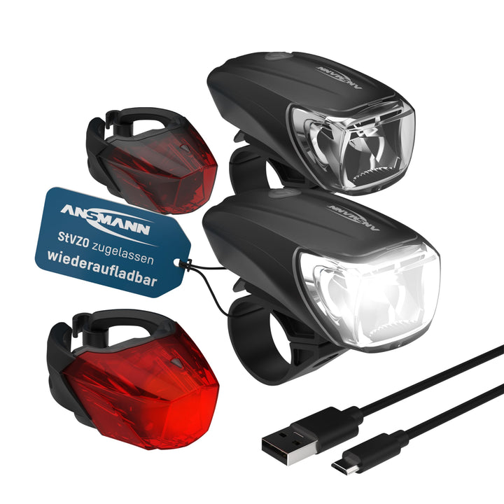 ANSMANN Fahrradlicht 2er Bundle Set StVZO zugelassen mit CREE LED, 140 m Leuchtweite 35 Lux 170 Lume