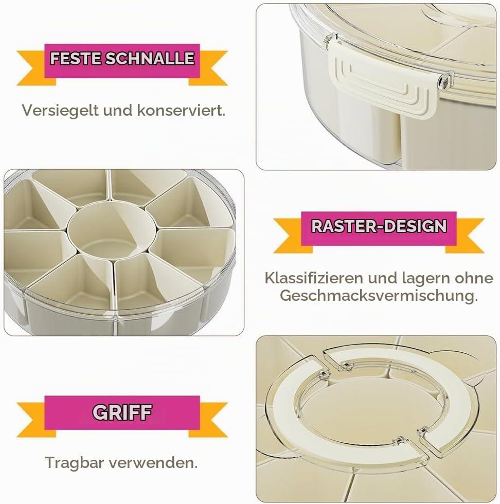 Snackbox mit Fächern, Rund Grosse Snackdose mit 9 Fächern, Deckel, Griff, 4 Gabel, Snackteller mit D