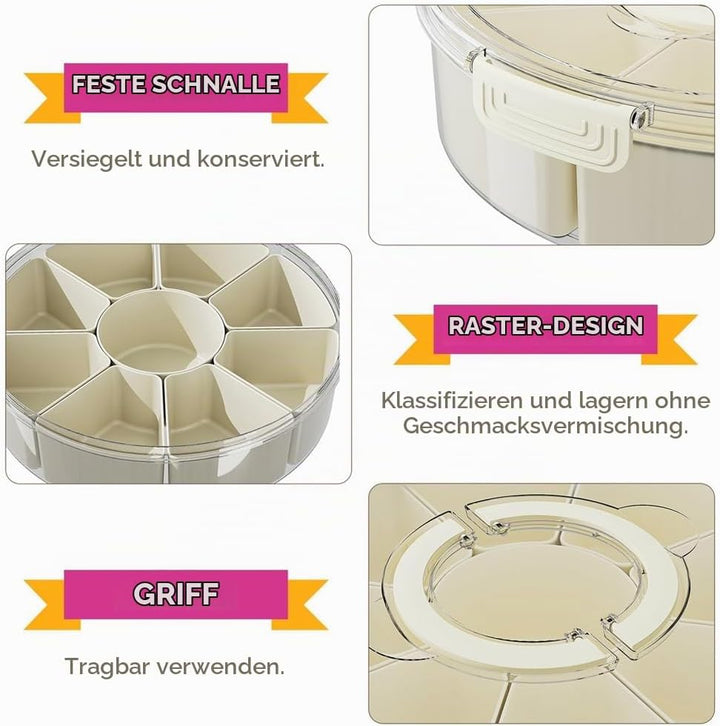 Snackbox mit Fächern, Rund Grosse Snackdose mit 9 Fächern, Deckel, Griff, 4 Gabel, Snackteller mit D