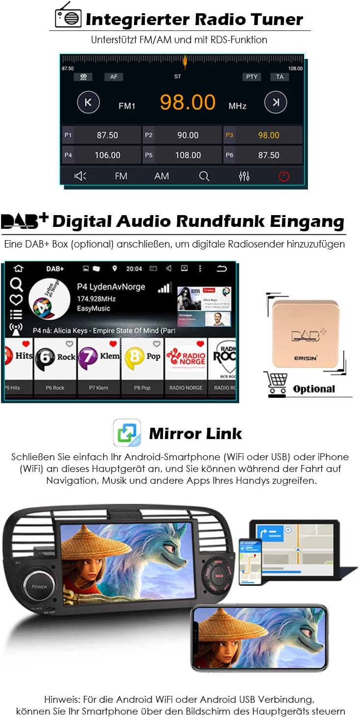 Erisin Android 10 7 Zoll Autoradio Mit GPS Navi für FIAT 500X Auto Multimedia Player Touchscreen Rad