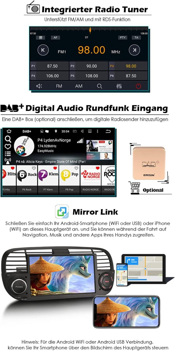 Erisin Android 10 7 Zoll Autoradio Mit GPS Navi für FIAT 500X Auto Multimedia Player Touchscreen Rad
