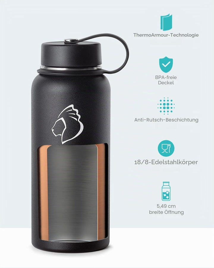 Trinkflasche Edelstahl 1l, BUZIO Edelstahl Trinkflasche 1l mit Strohdeckel Flexkappe kalt für 48 Stu