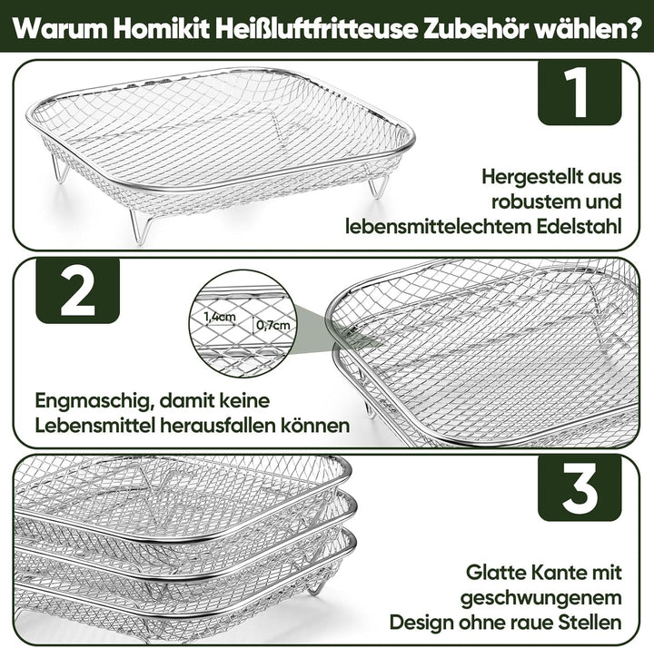 Homikit Heissluftfritteuse Zubehör, 3 Lagiges Stapelbar Edelstahl Grillrost Airfryer Zubehör mit 8 S
