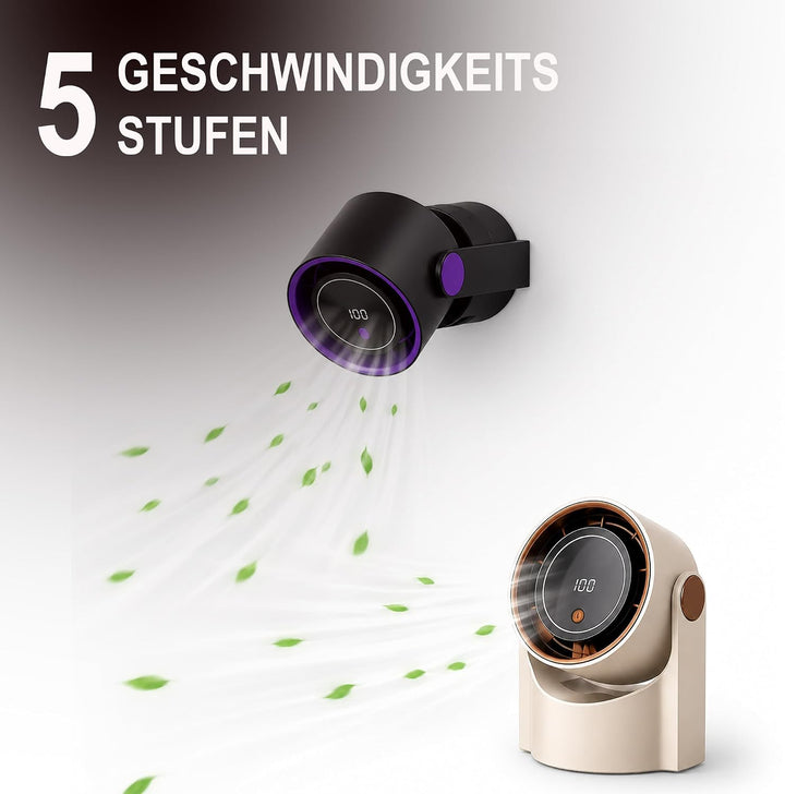 Bestlivings Tisch- und Wandventilator Akku Schwarz 5 Stufen | 1200 mAh, LED Display, 22 dB leise, US